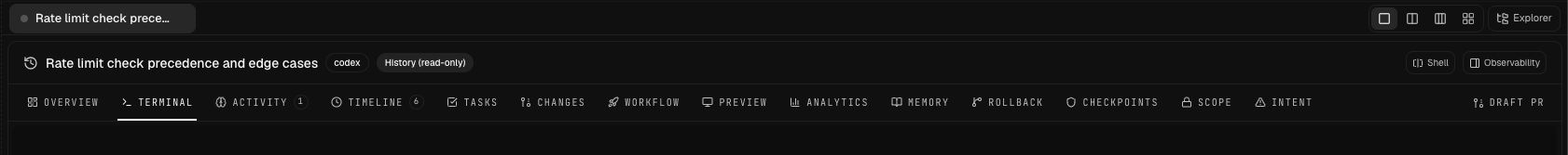 Operon’s Session View tab bar: Overview, Terminal, Activity, Timeline, Tasks, Changes, Workflow, Preview, Analytics, Memory, Rollback, Checkpoints, Scope, and Intent — every tool for one session in a single view.